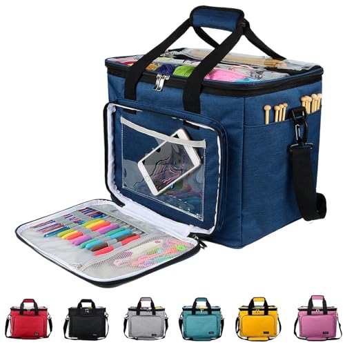 Hoshin Knitting Bag for Yarn Storage, High Capacity Yarn Totes Organizer with Inner Divider Portable for Carrying Project, Knitting Needles(up to 14”), Crochet Hooks, Skeins of Yarn (Navy) - color: Navy