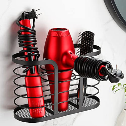 YIGII Hair Dryer Holder - Wall Mount/Adhesive Blow Dryer Holder Bathroom Organizer Hot Tools Organizer for Hair Dryer, Electric Shaver Black - color: Black-L