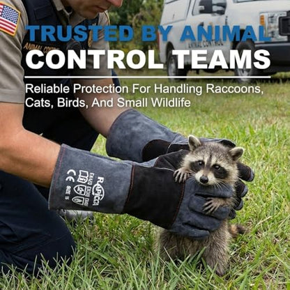 RAPICCA Animal Handling Gloves Bite Proof Double Leather Reinforced Padding Dog,Cat Scratch,Bird Handling Falconry Gloves Grabbing Reptile Squirrel Snake Bite 16in Grey-Black - style: 16 Inches