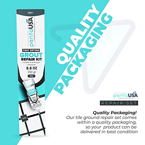PentaUSA Tile Grout Repair Kit - Premixed Acrylic Sanded Grout for Bathroom, Shower & Kitchen, Water-Resistant Tube with Applicator, Fills Cracks and Gaps in Lines - Gray (8.8oz/250gr) - color: Gray