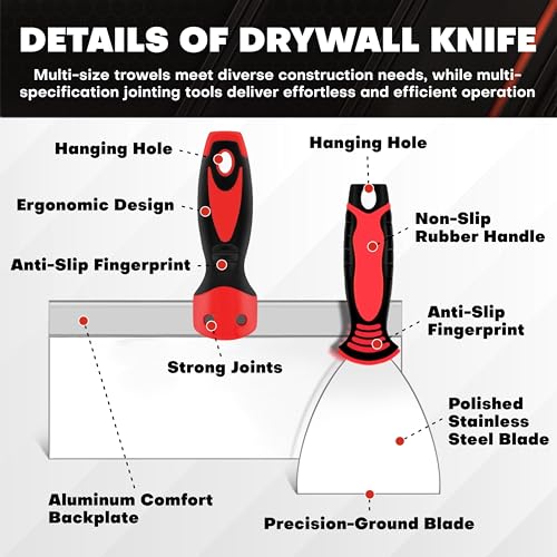 12PCS Drywall Tools Set - Stainless Steel Putty Kit with 1"-8" Knives, 8"-10" Taping Knife, 6.5" Bucket Scoop, 8-in-1 Painter Scraper, 12" Mud Pan, 13" Floor Scraper Blade with 4" Replacement Blades