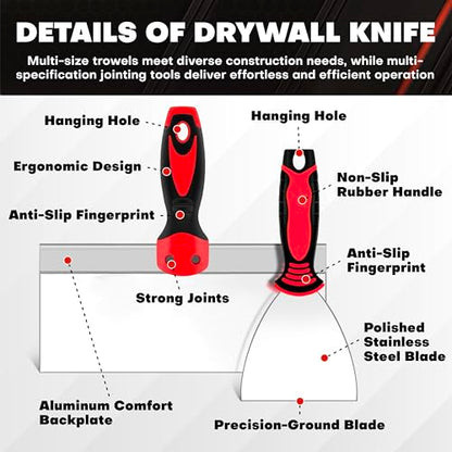 12PCS Drywall Tools Set - Stainless Steel Putty Kit with 1"-8" Knives, 8"-10" Taping Knife, 6.5" Bucket Scoop, 8-in-1 Painter Scraper, 12" Mud Pan, 13" Floor Scraper Blade with 4" Replacement Blades