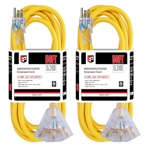 EP 2 Pack 50 Ft 12 Gauge Heavy Duty Extension Cord, 15A 125V 1875W, 3 Outlet Indoor/Outdoor Power Cord with Lighted End, 12/3 SJTW Weatherproof Yellow - color: Yellow, size: 50FT-2PACK