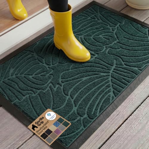 GORILLA GRIP 100% Waterproof All-Season WeatherMAX Doormat US Designed Natural Rubber, Stain and Fade Resistant, Low Profile Indoor Outdoor Door Mats, Easy Clean Patio Mat, 29x17, Green Palm - color: Green Palm, size: 29" x 17"