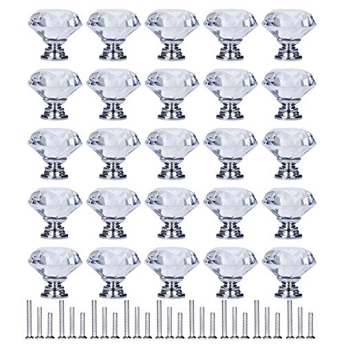 YourGift 30 Pack Drawer Knobs Diamond Shaped Crystal Glass 30mm Cabinet Knobs Pull Handle (30 mm, 30 Pack, Silver) - color: Silver, size: 30 mm, 30 Pack