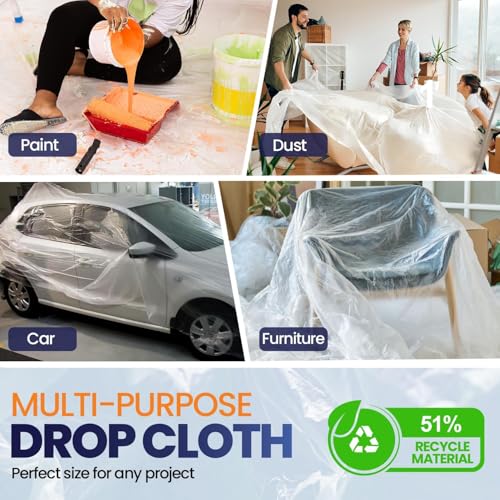 20 Pack 12 x 9 ft Extra Large Plastic Drop Cloth for Painting - Light & Durable Tarp Cover for Furniture - Plastic Clear Tarp Waterproof - Paint Floor Covering - Painters Drop Cloth Sheeting - size: 20 Pack