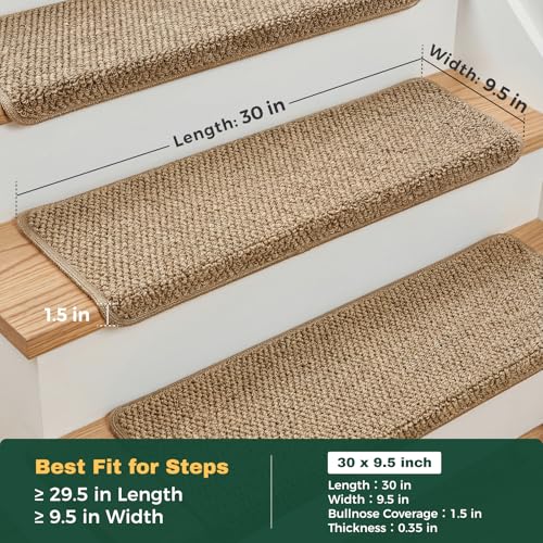MBIGM Bullnose Non-Slip Stair Treads w/Reusable Adhesive 14 Pack 9.5" x 30" Wooden Steps Protection - TPU Backing with Steel Reinforcement - Anti-Slip Solution Knitted Camel Non Slip Stair Tread - color: Camel - Knitted