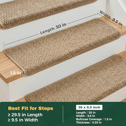 MBIGM Bullnose Non-Slip Stair Treads w/Reusable Adhesive 14 Pack 9.5" x 30" Wooden Steps Protection - TPU Backing with Steel Reinforcement - Anti-Slip Solution Knitted Camel Non Slip Stair Tread - color: Camel - Knitted