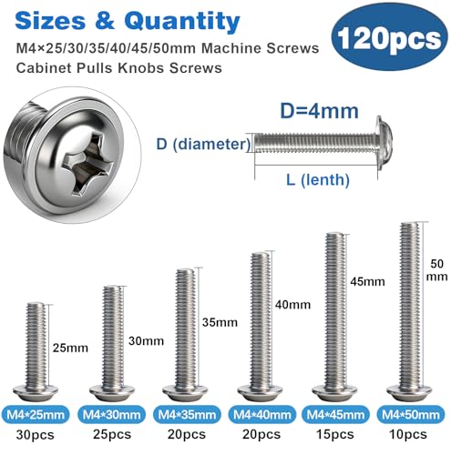 120PCS Cabinet Pulls Knobs Screws,M4 Machine Screws Assortment, M4×25/30/35/40/45/50mm Pan Washer Head Metal Phillips Screws Kit for Kitchen,Bathroom,Furniture Handles Install - size: M4×25/30/35/40/45/50mm