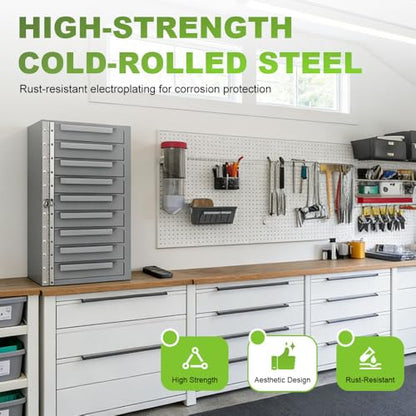 Yeeoy 9-Drawer Storage Cabinet, Tool Box Side Cabinet, Steel Parts Cabinet Van Storage Drawers, Bit Organizer Tool Chest for Hardware Storage and Organizers, Grey, Powder Coat Finish