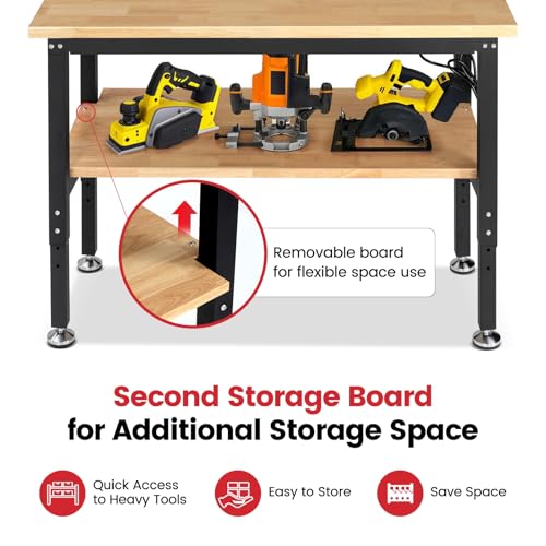 ENJOYWOOD 48" x 20" Heavy Duty Workbench Adjustable Height Garage Work Table with Solid Rubberwood Top, Double Layer Shelf, Pegboard & Power Outlets for Workshop, Home & Office - size: Small