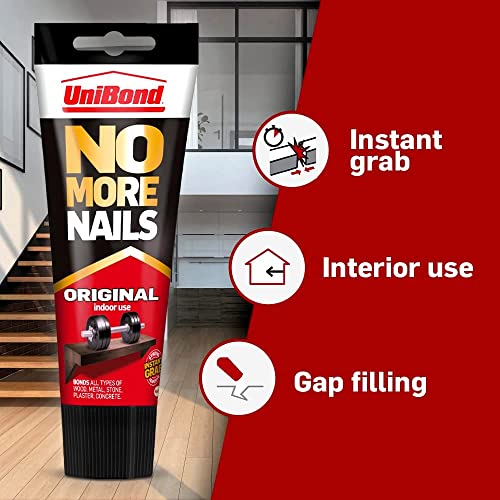 UniBond No More Nails Original, Heavy-Duty Mounting Adhesive, No Nails Strong Glue for Wood, Ceramic, Metal & More, White Instant Grab Adhesive, 1 x 234g Tube