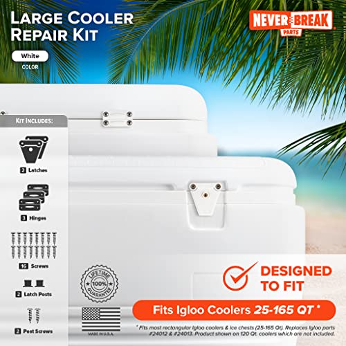 NeverBreak Parts - Igloo Cooler Replacement Parts - Large Repair Kit | High Strength Igloo Cooler Hinges Replacement with Latches | Ice Chest Repair Kit - color: White