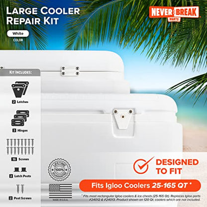 NeverBreak Parts - Igloo Cooler Replacement Parts - Large Repair Kit | High Strength Igloo Cooler Hinges Replacement with Latches | Ice Chest Repair Kit - color: White
