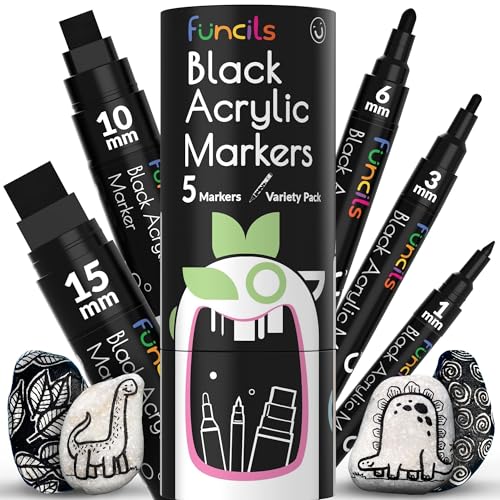 5 Acrylic Black Paint Pen - Fine Tip, Thin Point & Jumbo Pens (1mm, 3mm, 6mm, 10mm, 15mm) - Black Paint Marker for Plastic, Canvas, Wood, Rock Painting, Fabric, Tire, Metal, Glass - color: Black