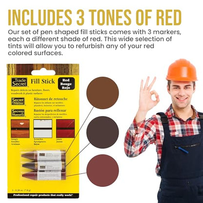 Wood Scratch Repair Fill Stick for Red Surfaces (Set of 3), Great for Touch-Ups and Repairs on Hardwoods Floors, Furniture, Cabinets and Plastic Surfaces. - color: Red Tones