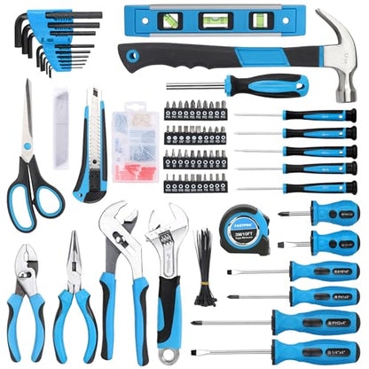 FASTPRO 220-Piece Home Tool Set, Household Repairing Tool Kit with 12-Inch Wide Mouth Open Storage Tool Bag, Blue - color: Blue