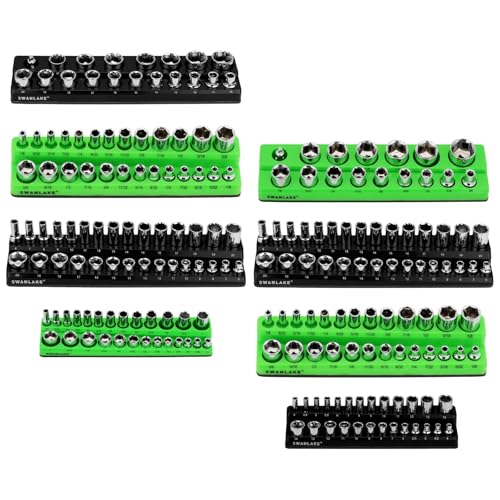Magnetic Socket Organizer Holder Tool: 8PCS Set includes 2PCS 1/4", 4PCS 3/8", 2PCS 1/2" Drive Socket Storage Trays Toolboxs, Holding 199 Slots Soft Rubber Covering Black Green (sockets not included) - style: 8PCS Green/Black