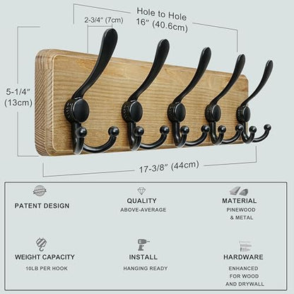 Dseap Coat Rack Wall Mount - Heavy-Duty Robust Barnwood-Style Wooden Wall Coat Hanger Hook Rail with 5 Triple Hooks for Winter Coats Hat Jacket Clothing, Weathered Brown & Black, Pack of 2 - color: Weathered Brown & Black, size: L=17.4"