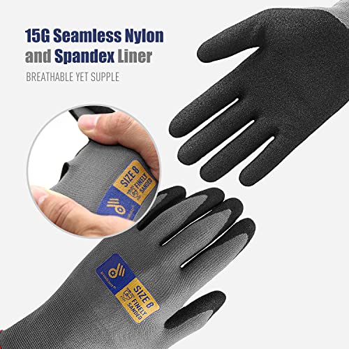 HANDLANDY 6 Pairs Safety Work Gloves with MicroFoam Nitrile Coated - Breathable Nylon Gloves with Grip for Men & Women - size: 9/Large, style: 3 Pairs - Gray