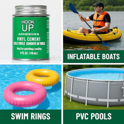 HOOK UP Adhesives Vinyl Contact Cement, Glue Waterproof, Fast-Drying Repair Adhesive for Pools, Inflatables, PVC, Air Mattresses, PVC Pipes, Tarps, Boats, Rafts, Upholstery Strong Bond, Cement 32 OZ