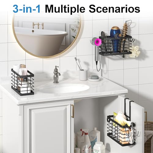 Sevenblue Hair Tool Organizer, 2026 Upgraded 3-in-1 Universal Hair Dryer Holder, Adjustable Height Metal Blow Dryer Holder Wall Mounted/Over Cabinet Door/Free-Standing (Black) - color: Black