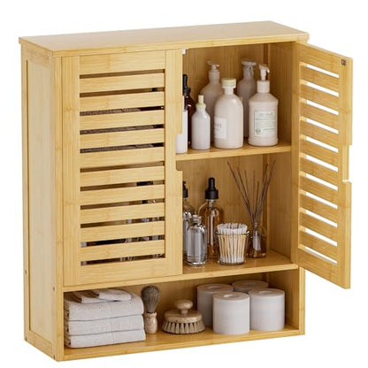 SMIBUY Bathroom Cabinet Wall Mounted, Bamboo Over-The-Toilet Storage Organizer, Space Saver Medicine Cabinet with 2 Door and Adjustable Shelves (Natural) - color: Natural