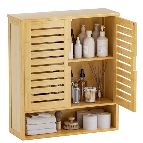 SMIBUY Bathroom Cabinet Wall Mounted, Bamboo Over-The-Toilet Storage Organizer, Space Saver Medicine Cabinet with 2 Door and Adjustable Shelves (Natural) - color: Natural