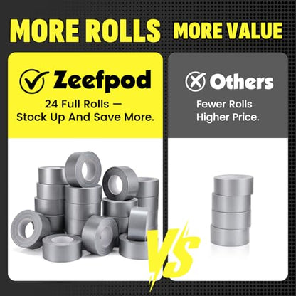 24 Pack Duct Tape Heavy Duty Waterproof, Silver Duct Tape Bulk 1.88 Inch X 90 Ft, Strong No Residue,Tear by Hand,Multi-Use for Indoor & Outdoor Repairs, Industrial, Professional Use