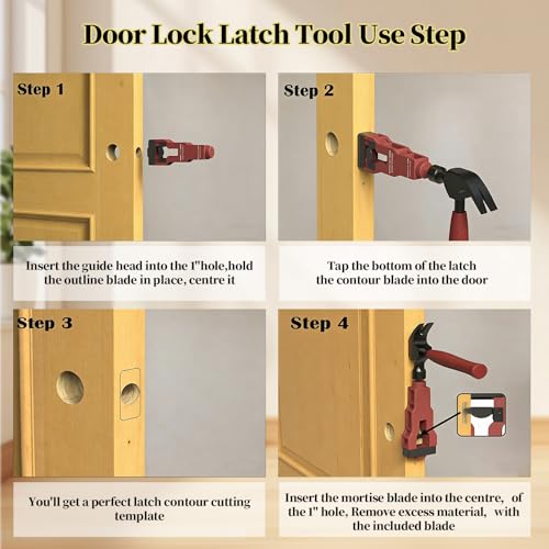 Door Latch Installation Kit with Mortise Blade, Door Latch Mortise Kit Template for Easy Accurate Professional Cut Fits 1-3/8" to 1-3/4" Thick Wooden Doors (Red)