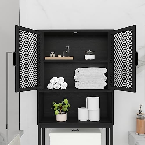Launica Bathroom Organizer Over Toilet, Wood Metal Over The Toilet Storage, Industrial Bathrooms Space Saver Shelf Over Toilet, Freestanding Bathrooms Cabinet Above Toilet with Rack, Black Oak - color: Black Oak