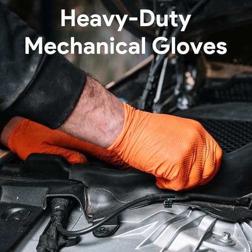 WECARE 8 Mil Nitrile Gloves - Heavy Duty Mechanic Gloves, with Diamond Grip - Powder and Latex Free Disposable Gloves - color: Orange, size: Small