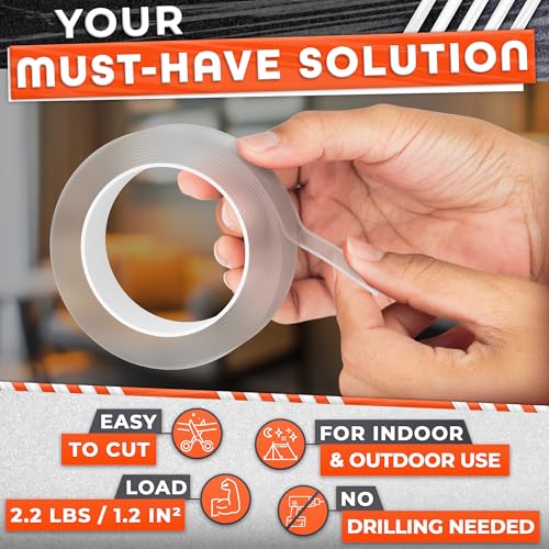 Clear Double Sided Tape Heavy Duty - Acrylic Adhesive 9.84 Ft x 1.2" with 2.2 Lb Hold, Removable No Residue, Weather Resistant - Strong Two Sided Tape Heavy Duty for Wood, Glass, Metal & DIY Projects - size: 9.84 Ft × 1.2"