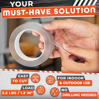Clear Double Sided Tape Heavy Duty - Acrylic Adhesive 9.84 Ft x 1.2" with 2.2 Lb Hold, Removable No Residue, Weather Resistant - Strong Two Sided Tape Heavy Duty for Wood, Glass, Metal & DIY Projects - size: 9.84 Ft × 1.2"