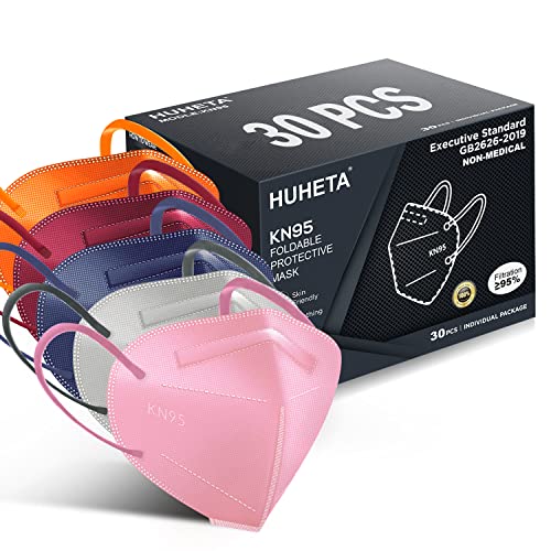 HUHETA KN95 Face Mask, 30 Pack Individually Wrapped, 5-Ply Breathable and Comfortable Safety Mask, Filter Efficiency Over 95%, Protective Cup Dust Masks Against PM2.5 (Multicolored Mask) - color: Royal Blue+pink+orange+red+grey