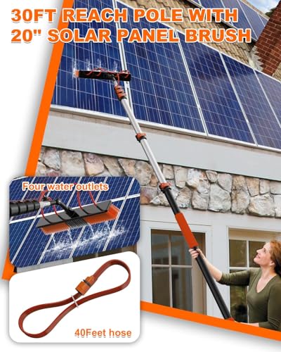 30Ft Reach Solar Panel Cleaning Brush Kit with 5-24ft Telescoping Pole, Water Fed Window Cleaner Tool with 20" Brush, Soap Dispenser, Cobweb Duster, Squeegee for Roof, RV, Gutter, Boat, Deck - color: Orange