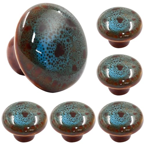Jiozermi 6 Pack 1.29" Ceramic Vintage Round Cabinet Knobs - Decorative Glazed Ceramic Knobs for Dresser Drawer, Antique Door Pulls (Vintage Blue)