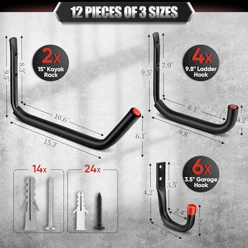 Nacial 12 Pack Garage Hooks Heavy Duty, 15" & 9.8" & 3.5" Kayak Storage Hook with EVA Pads, 100LBS Capacity Garage Hooks for Hanging Bikes, Kayak Folding Chairs and Hanging Ladders - size: 12