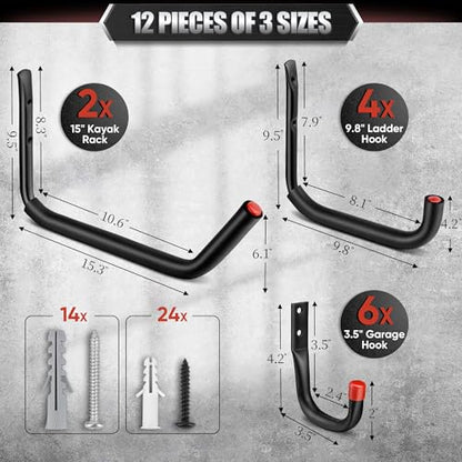 Nacial 12 Pack Garage Hooks Heavy Duty, 15" & 9.8" & 3.5" Kayak Storage Hook with EVA Pads, 100LBS Capacity Garage Hooks for Hanging Bikes, Kayak Folding Chairs and Hanging Ladders - size: 12