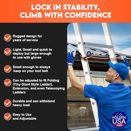 Holden USA - Adjust-A-Hook Ladder Bungee - Ladder Stabilizer Hook – Secure Ladder Safety Support for Roofs, Gutters, and Painting Prep – Durable Ladder Hook Attachment for Roofing and Gutter Work
