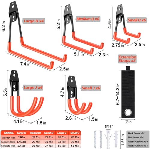 30 Pack Heavy Duty Garage Hooks,Solid Steel Wall Mount Hangers,with Anti-Slip Coating,for Hanging and Organising Ladder,Bike,Ropes,Broom,Garden,Yard and Power Tools - color: 30 Pack Orange