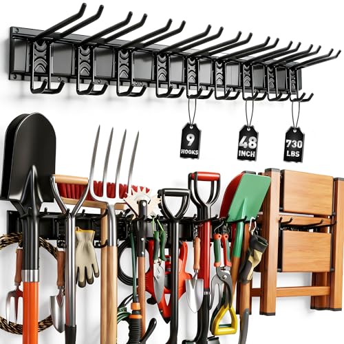 ELEAD 9-Pairs Heavy Duty Garage Tool Organizer Wall Mount Hooks, 48 Inches 730 lbs Garden Tool Organizer with Adjustable Hooks, Yard Tools Organizers for Garden, Yard, and Shed - color: Heavy Duty