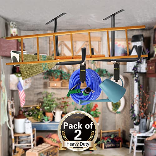 2 Set Overhead Garage Storage Rack, Heavy Duty Overhead Storage Double Hook, Ceiling Mount Hanger Safe Racks Hooks, Hanging for Lumber Ladder Storage & Other Bulky Items (Pack of 2 - Black) - size: Width 16.5in/42cm 2 Pack