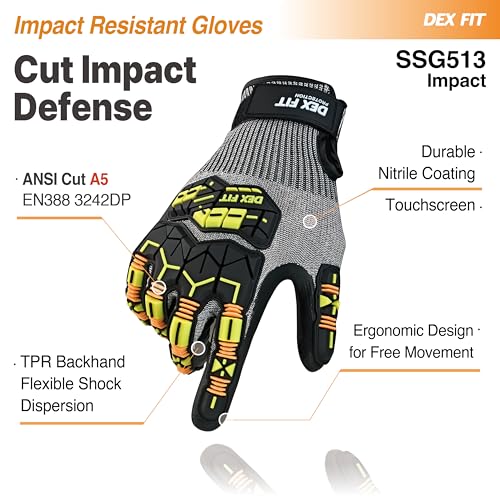 DEX FIT SSG513 Impact Stainless Steel Cut Resistant Gloves, ANSI A5, Durable Non-Slip Nitrile Grip, Touchscreen, Comfort Stretchy Fit, Thin & Breathable, Machine Washable; Gray M (8), 1 Pair - color: A5 Gray Impact, size: Medium (1 Pair)
