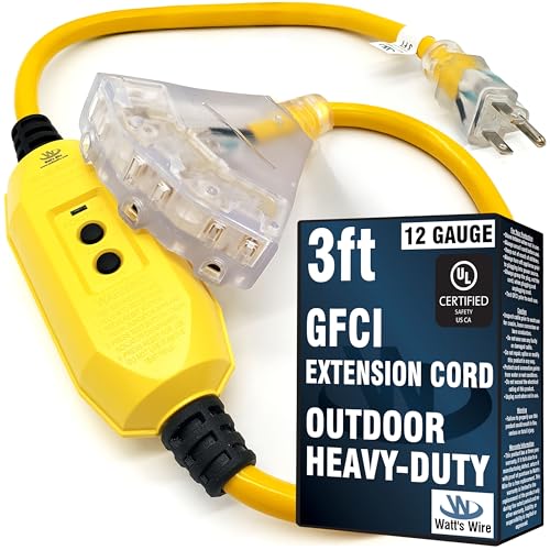 3 ft GFCI Extension Cord - Outdoor Extension Cord Waterproof - Heavy Duty Outdoor Extension Cords 3 ft with Multiple Outlets - Watts Wire - 3' Grounded - GFI Cord - size: 3 Ft