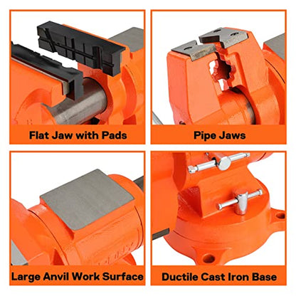 PONY Heavy Duty Bench Vise, 5-inch Jaw Width and Opening, 360-Degree Swivel Base With Anvil, Utility Combination Pipe Home Vise for Woodworking, One-Pair Vise Jaw Pad Included - style: 5-inch Jaw Opening