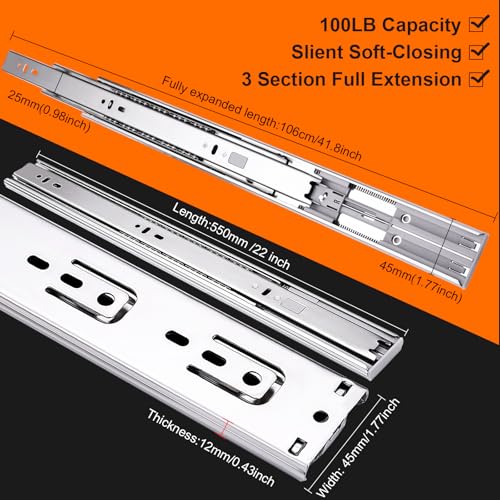 22 inch Drawer Slides 4 Pairs (8pcs) Soft Close 3 fold Full Extension Side Mount Cabinet Drawer Glides 22" Silver Cabinet Rails for Dresser, Cabinet, Kitchen 100 LB Capacity - size: 22inch-550mm