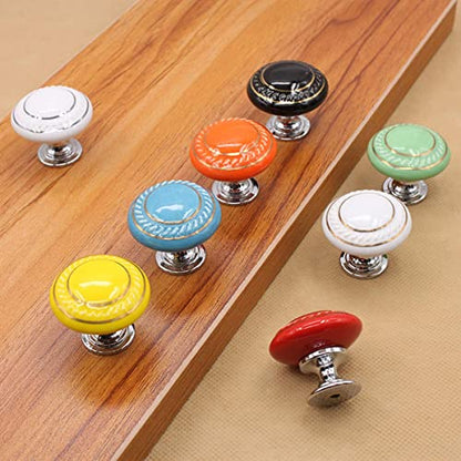 HUAMULAN 10 Pack Ceramic Knob White Silver Dresser Kitchen Round Cabinet Pulls,Zinc Alloy Base Cupboard Wardrobe Drawer Door Handles,3 Size Screws - color: HRJ1043-BaiSilver-10PCS