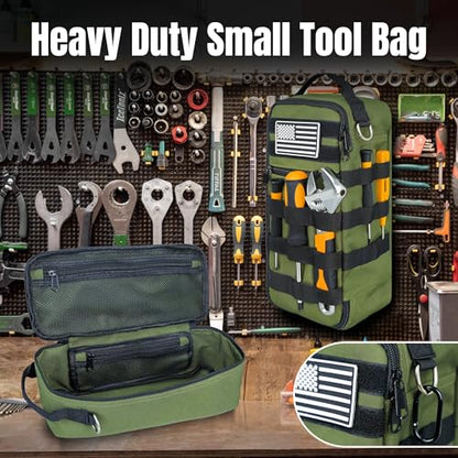 13 Inch Portable Small Tool Bag, Heavy Duty Tool Hand Bag with Shoulder Strap and D-ring Clip, Tactical Tool Bag, Tool Pouch Organizer for Electricians, Carpenters, HVAC Technicians (Army Green) - color: Army Green