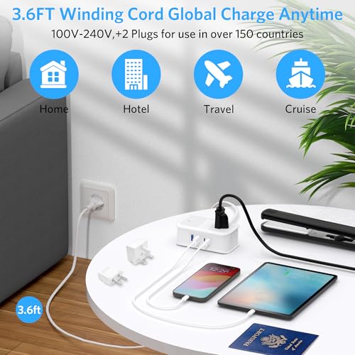 BESTEK European Travel Plug Adapter: - 4 Outlets 4 USB Ports (2 USB C) with 3.6FT Wrapped Short Extension Cord, Small Portable Desktop Charging Station, Compact for Hotel Travel Cruise Essentials